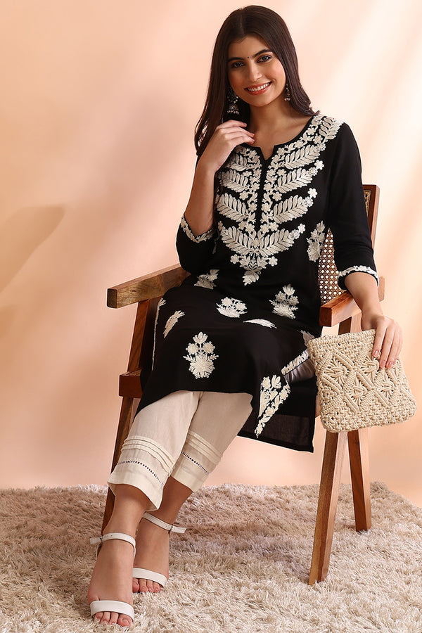 Black Viscose Rayon Solid Embroidered Chikankari Straight Kurta VCK9773BLK