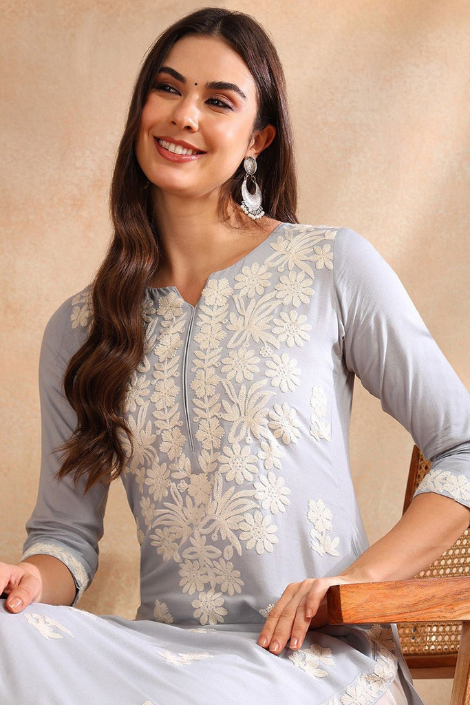 Blue Chikankari Embroidered Rayon Straight Kurta VCK9776BLU