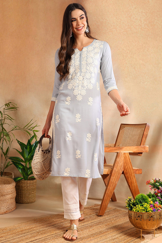 Blue Chikankari Embroidered Rayon Straight Kurta VCK9776BLU