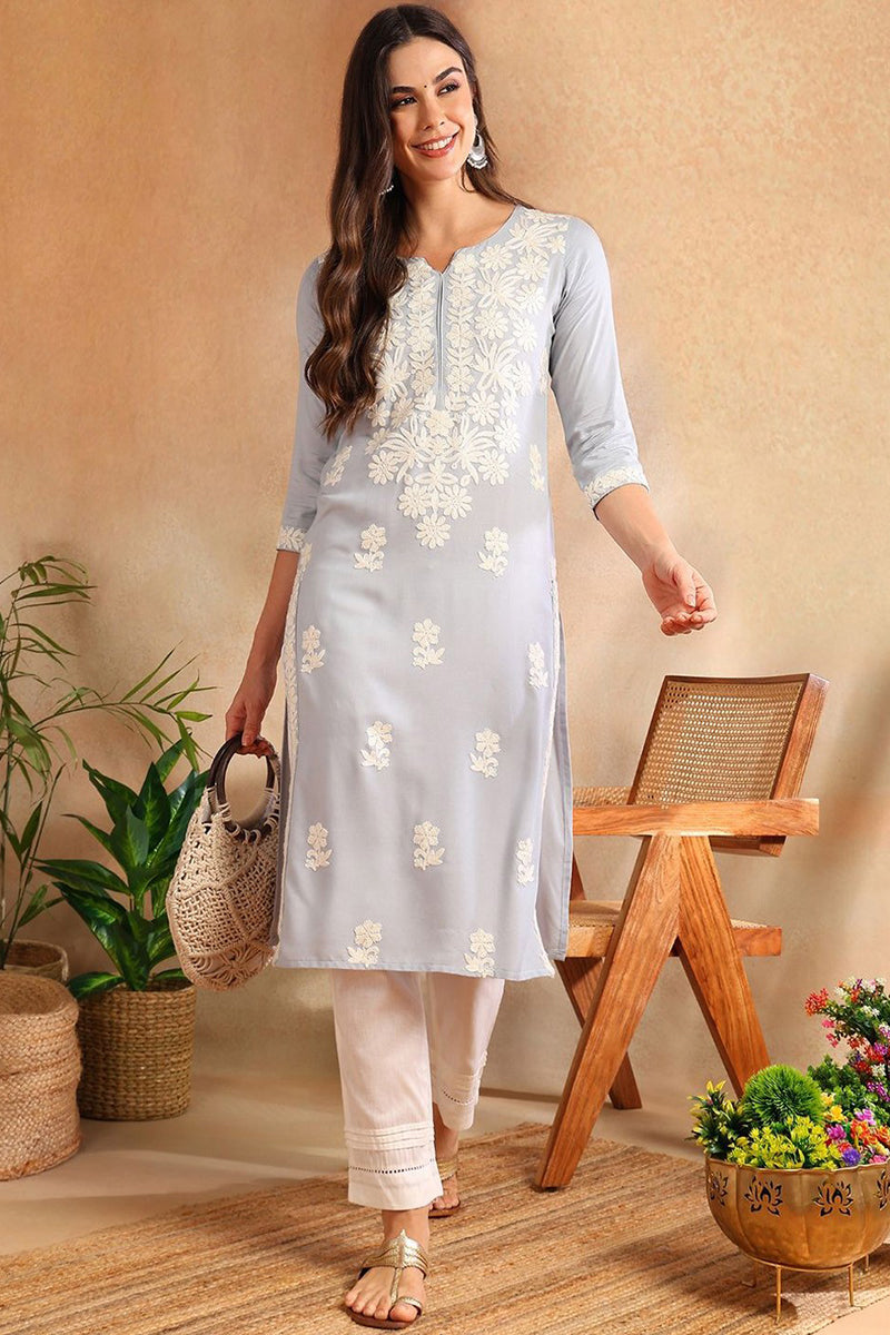 Blue Chikankari Embroidered Rayon Straight Kurta VCK9776BLU