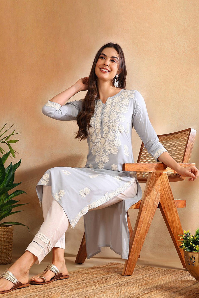 Blue Chikankari Embroidered Rayon Straight Kurta VCK9776BLU