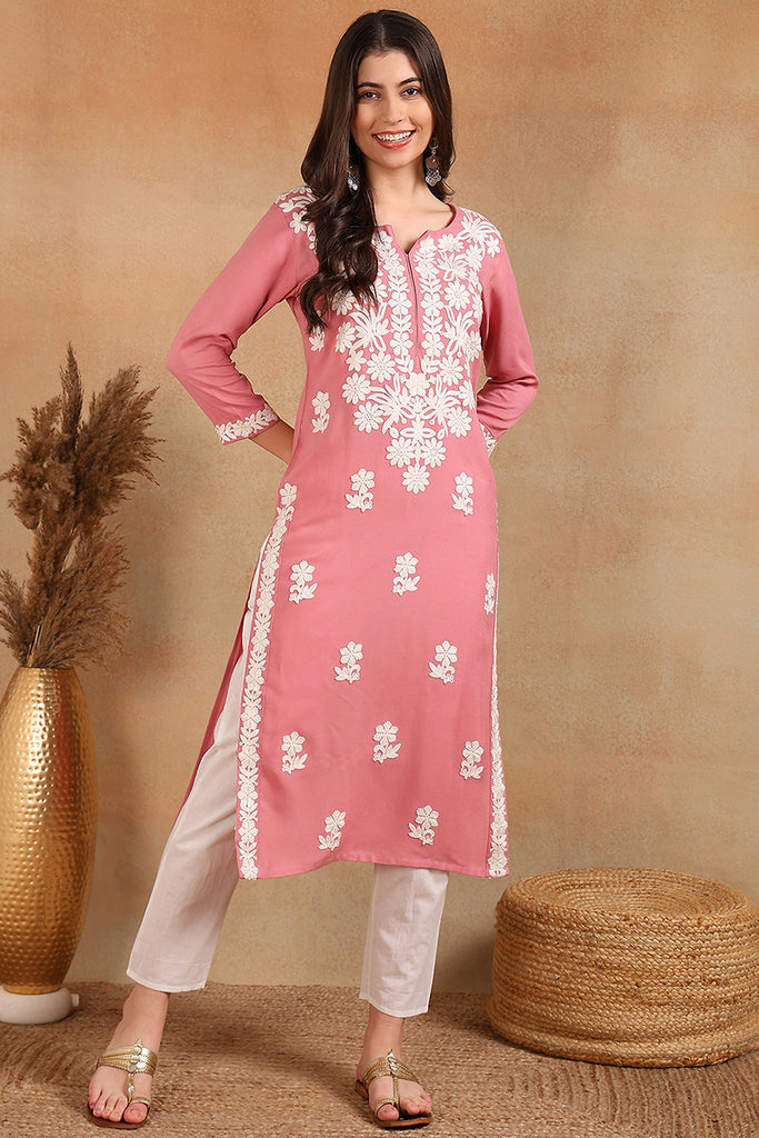 Pink Viscose Rayon Solid Embroidered Chikankari Straight Kurta VCK9776PNK