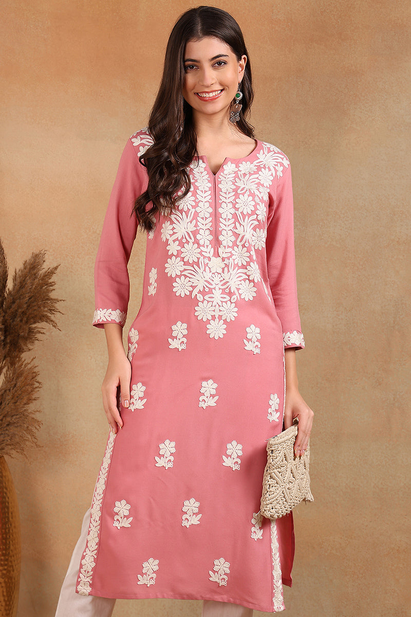 Pink Viscose Rayon Solid Embroidered Chikankari Straight Kurta VCK9776PNK