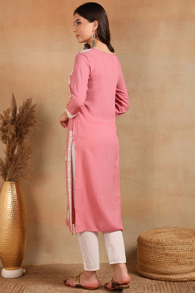 Pink Viscose Rayon Solid Embroidered Chikankari Straight Kurta VCK9776PNK