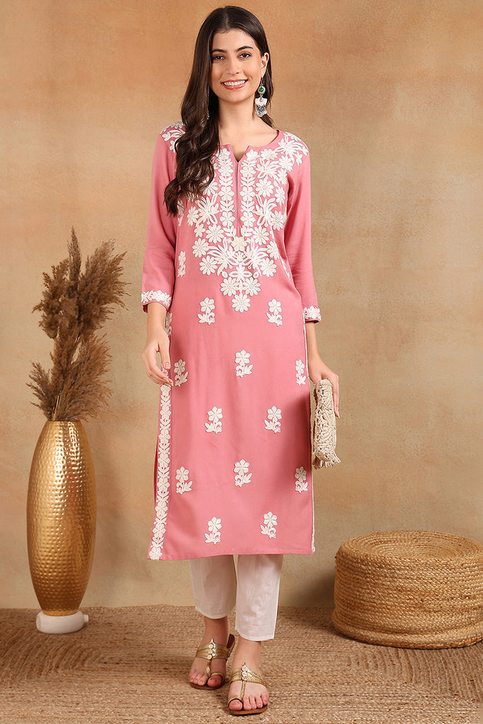 Pink Viscose Rayon Solid Embroidered Chikankari Straight Kurta VCK9776PNK