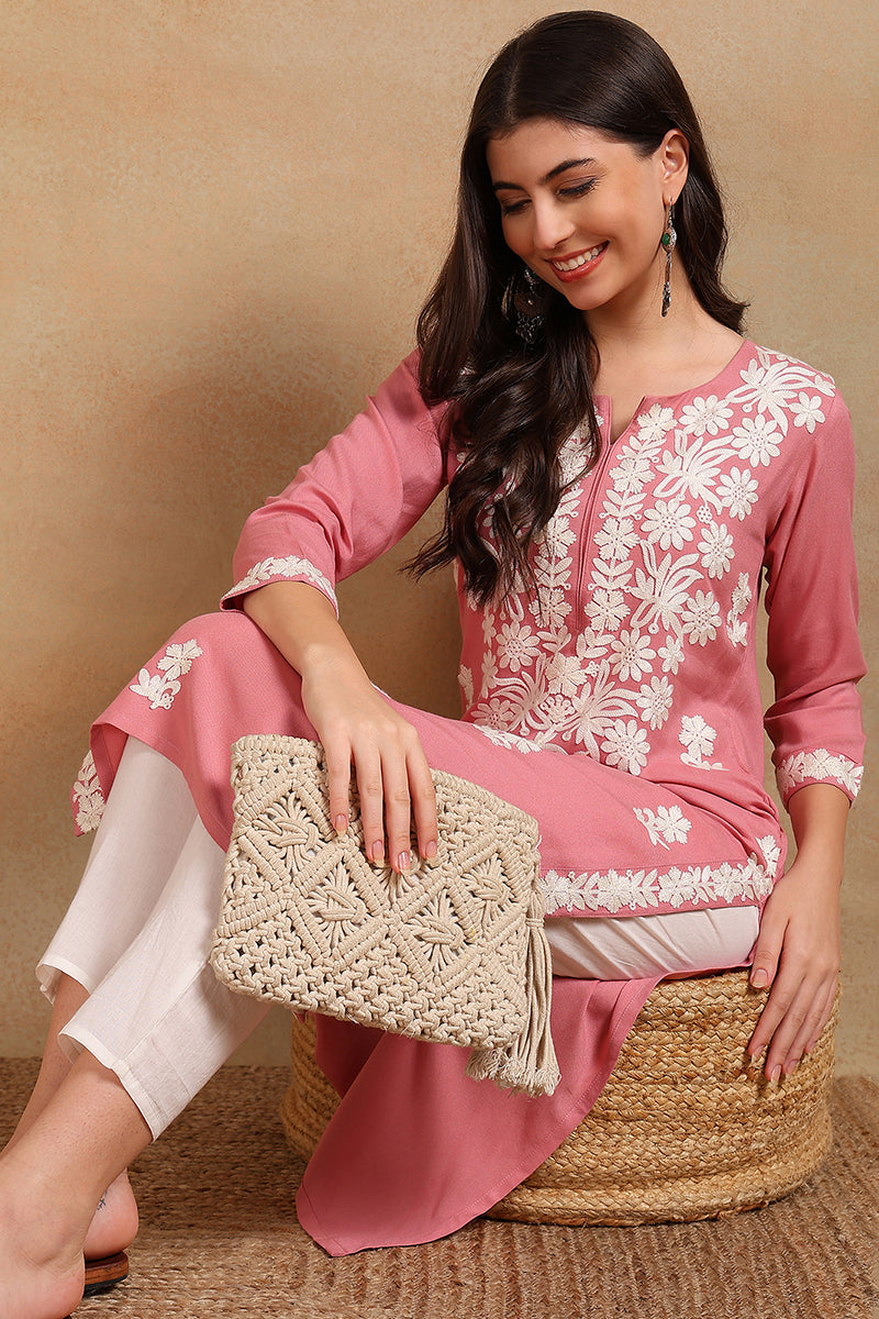 Pink Viscose Rayon Solid Embroidered Chikankari Straight Kurta VCK9776PNK