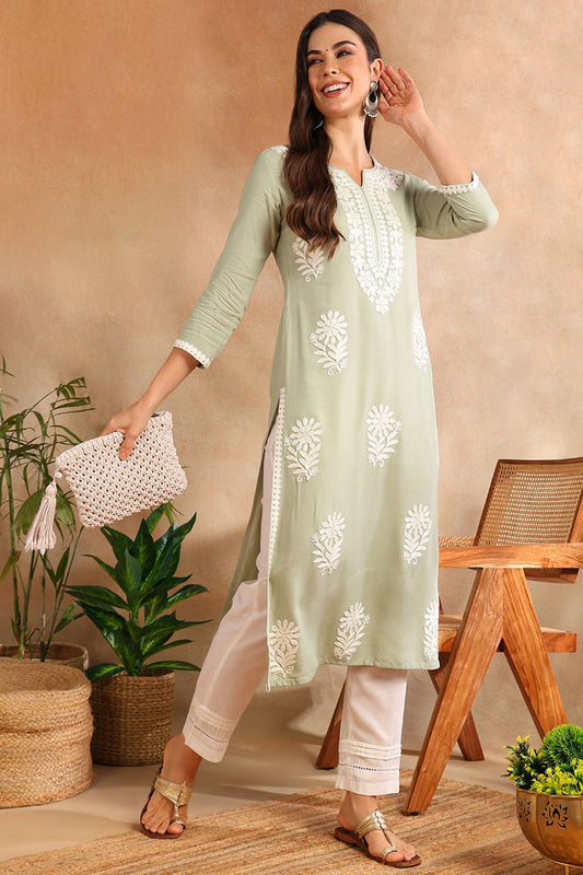 Green Viscose Rayon Solid Embroidered Chikankari Straight Kurta VCK9779GRN