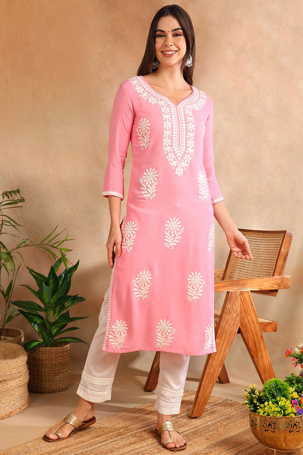 Pink Viscose Rayon Solid Embroidered Chikankari Straight Kurta VCK9779PNK
