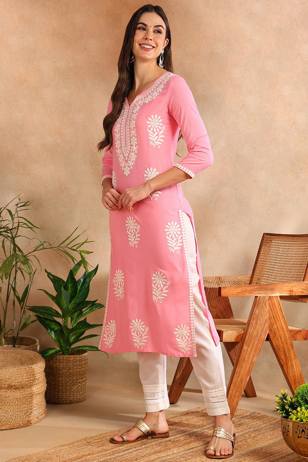 Pink Viscose Rayon Solid Embroidered Chikankari Straight Kurta VCK9779PNK