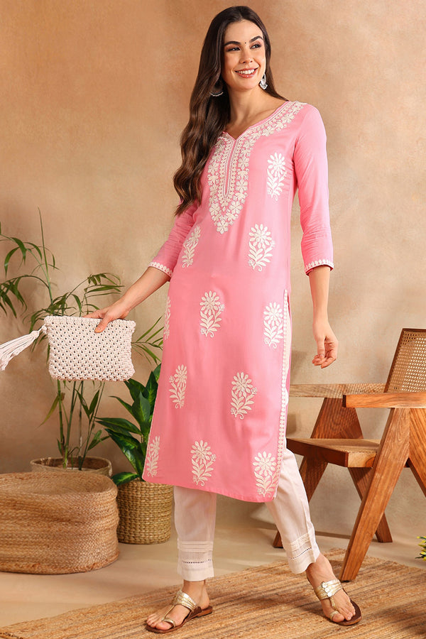Pink Viscose Rayon Solid Embroidered Chikankari Straight Kurta VCK9779PNK