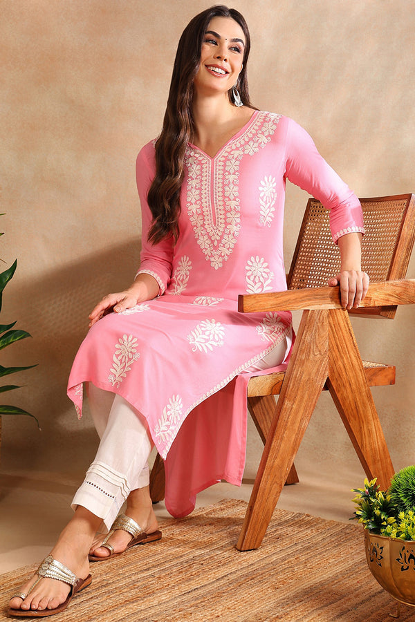 Pink Viscose Rayon Solid Embroidered Chikankari Straight Kurta VCK9779PNK