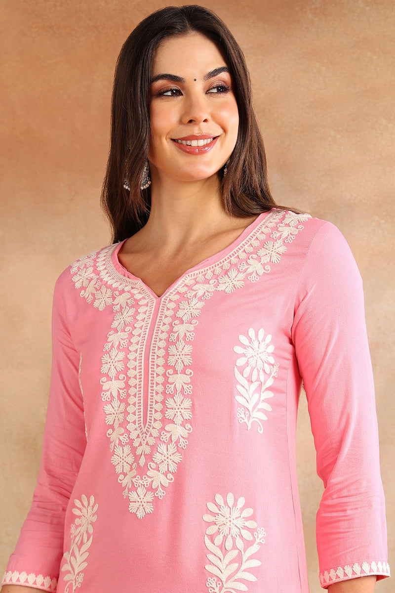 Pink Embroidered Rayon Straight Cut Kurta VCK9779PNK