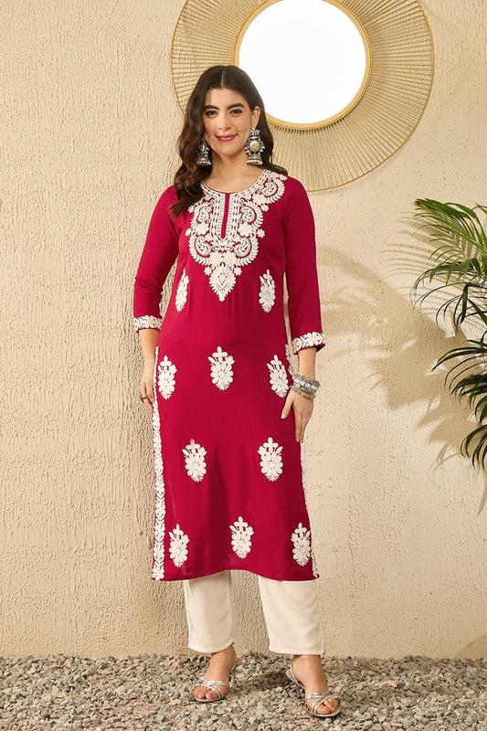 Red Viscose Rayon Solid Embroidered Straight Kurta VCK9782