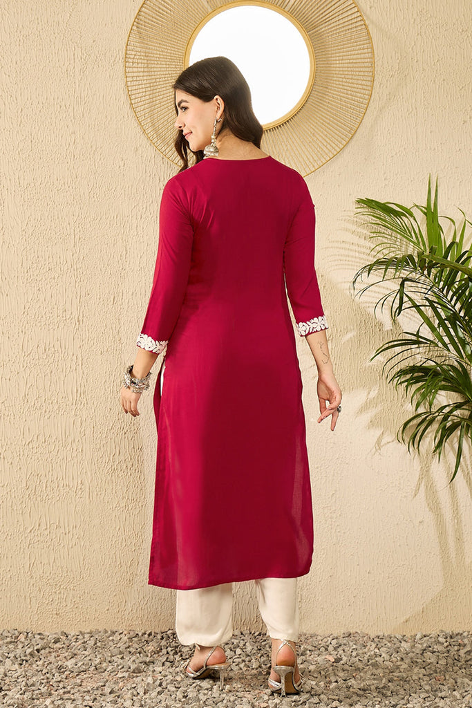 Red Viscose Rayon Solid Embroidered Chikankari Straight Kurta VCK9782