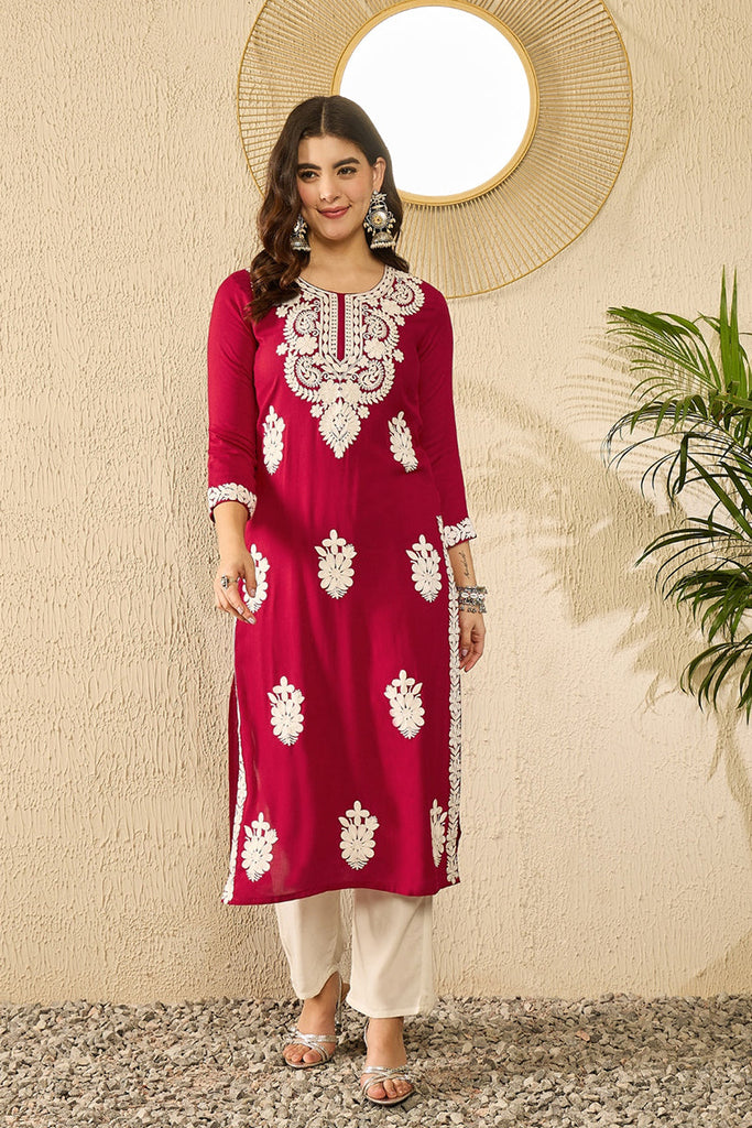 Red Viscose Rayon Solid Embroidered Chikankari Straight Kurta VCK9782