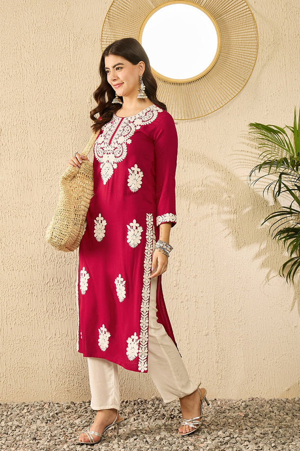 Red Viscose Rayon Solid Embroidered Chikankari Straight Kurta VCK9782