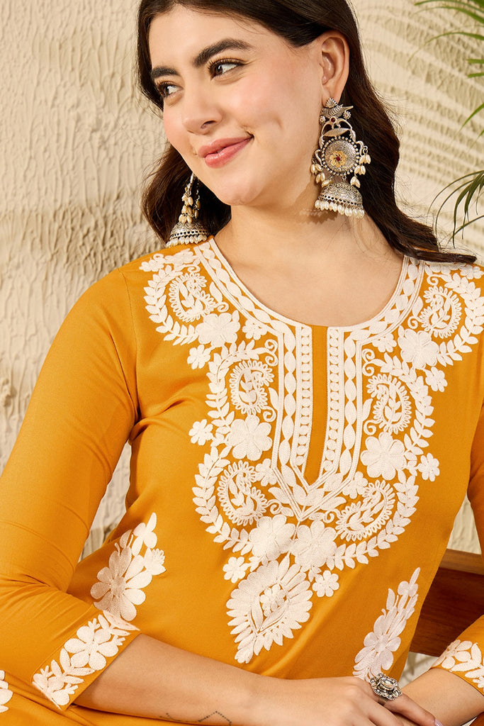 Yellow Viscose Rayon Solid Embroidered Chikankari Straight Kurta VCK9783