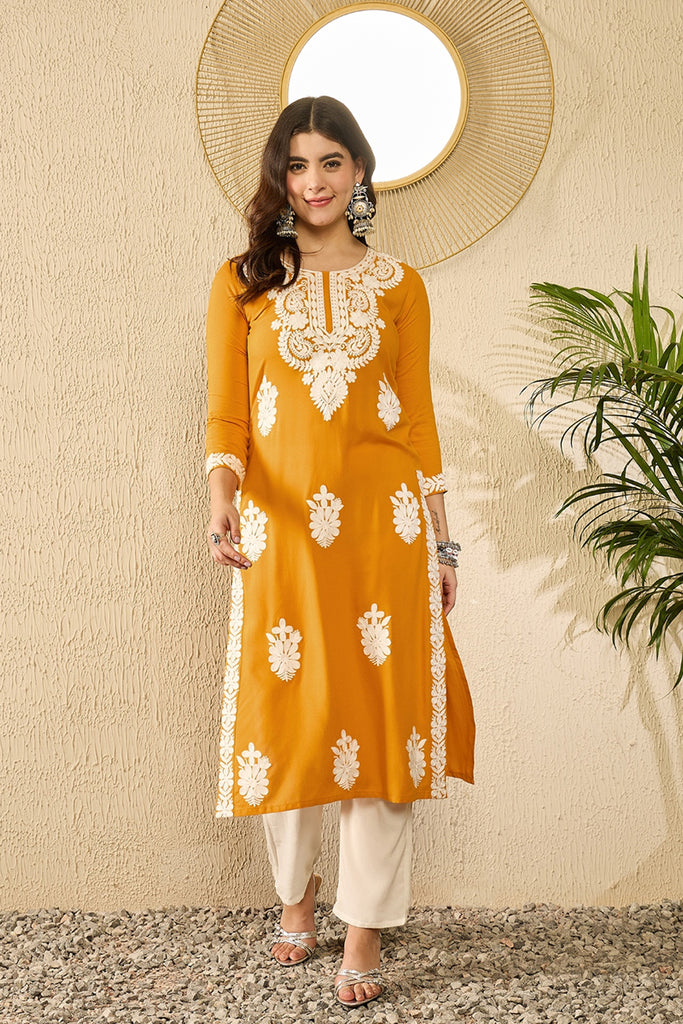 Yellow Viscose Rayon Solid Embroidered Chikankari Straight Kurta VCK9783