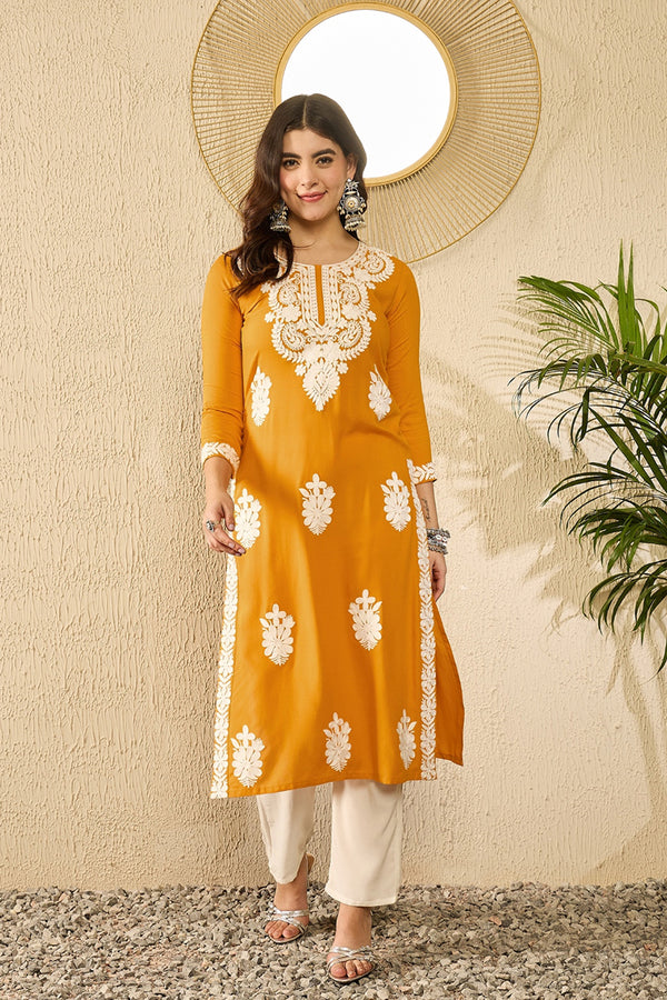 Yellow Viscose Rayon Solid Embroidered Chikankari Straight Kurta VCK9783