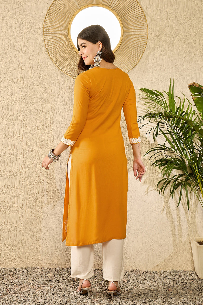 Yellow Viscose Rayon Solid Embroidered Chikankari Straight Kurta VCK9783