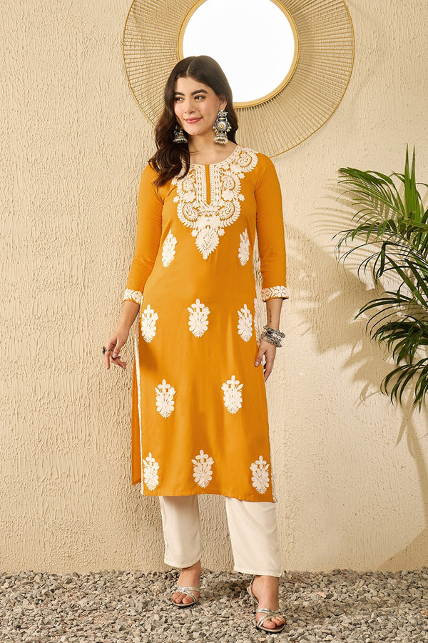 Yellow Viscose Rayon Solid Embroidered Chikankari Straight Kurta VCK9783