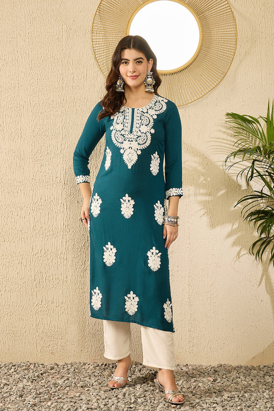 Teal Blue Viscose Rayon Solid Embroidered Chikankari Straight Kurta VCK9784