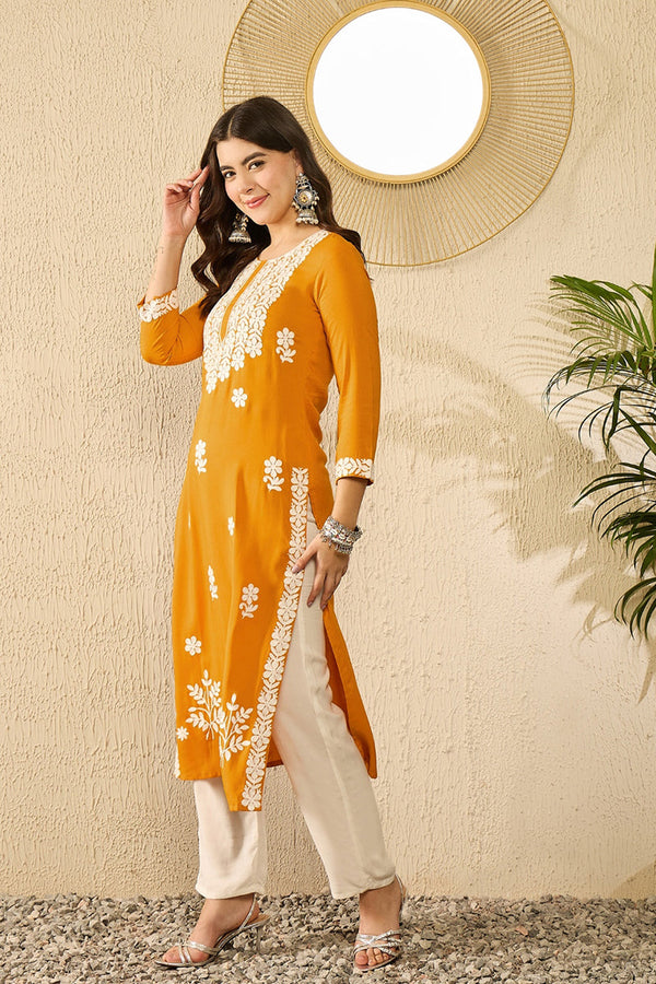 Mustard Yellow Viscose Rayon Solid Embroidered Chikankari Straight Kurta VCK9785