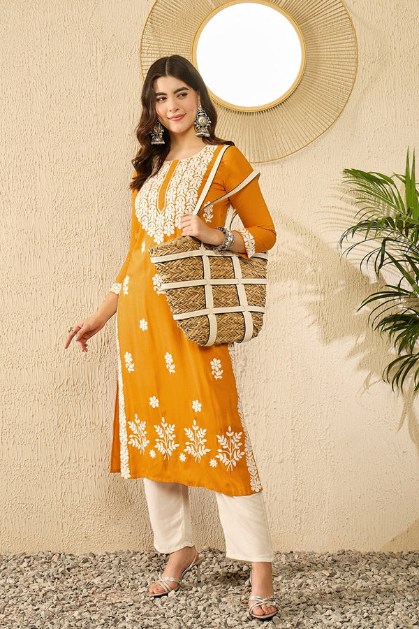 Mustard Yellow Viscose Rayon Solid Embroidered Chikankari Straight Kurta VCK9785