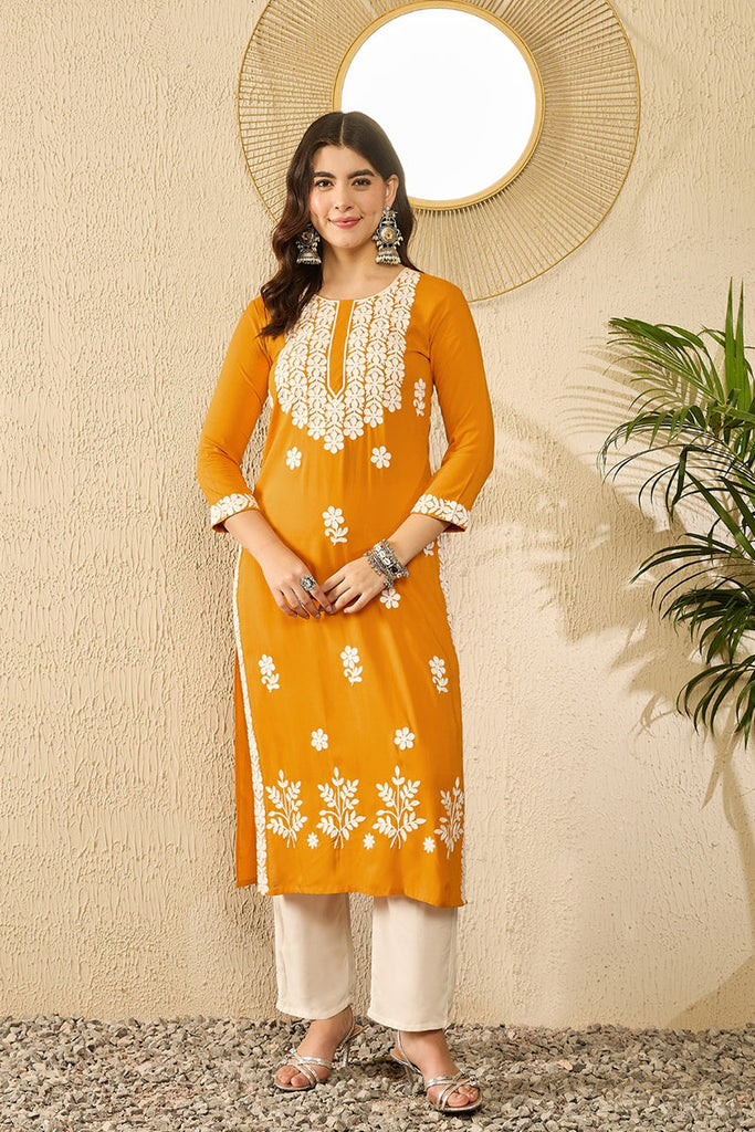 Mustard Yellow Viscose Rayon Solid Embroidered Chikankari Straight Kurta VCK9785