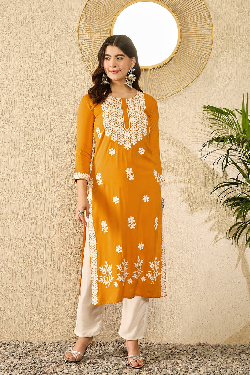 Mustard Yellow Viscose Rayon Solid Embroidered Chikankari Straight Kurta VCK9785