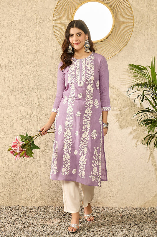 Lavender Viscose Rayon Solid Embroidered Chikankari Straight Kurta VCK9787