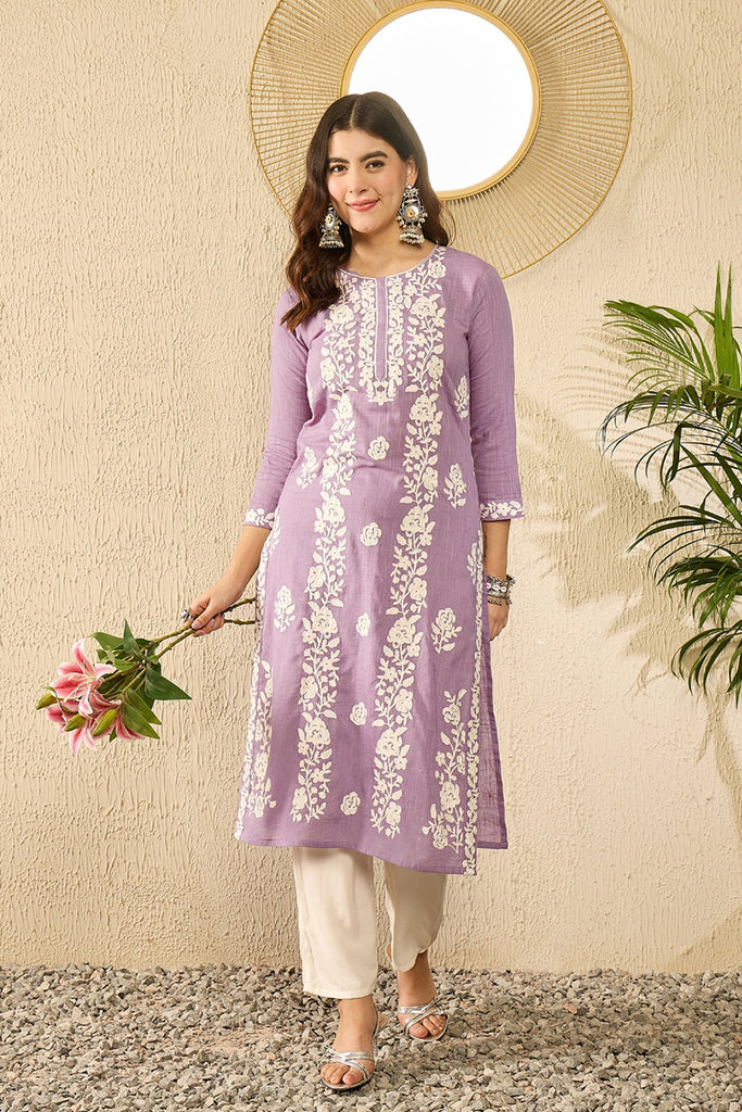 Lavender Viscose Rayon Solid Embroidered Chikankari Straight Kurta VCK9787