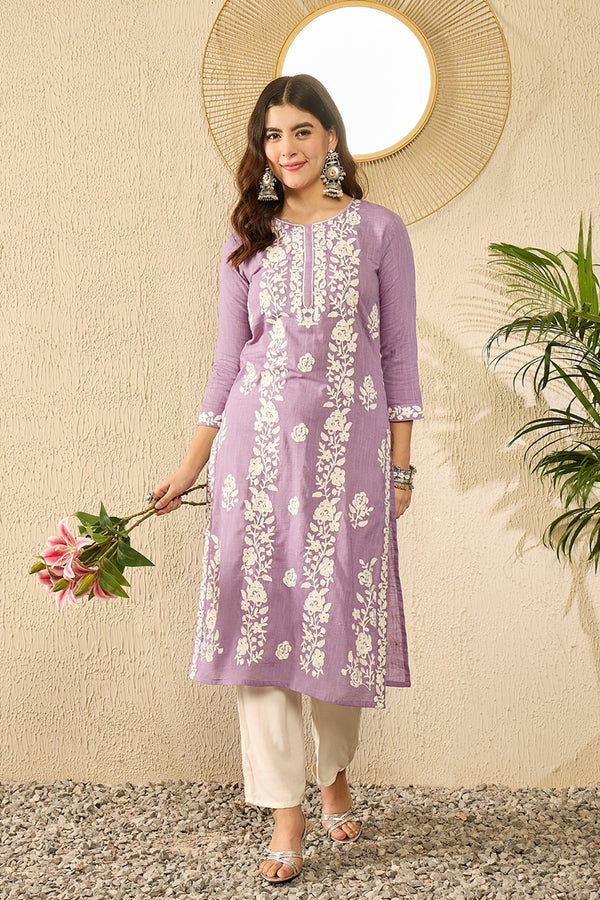 Lavender Viscose Rayon Solid Embroidered Chikankari Straight Kurta VCK9787