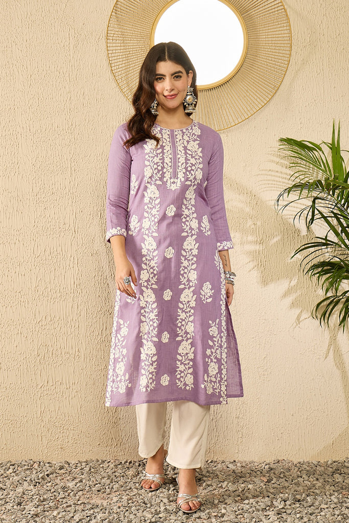 Lavender Viscose Rayon Solid Embroidered Chikankari Straight Kurta VCK9787