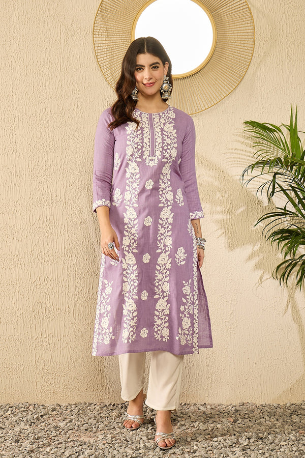 Lavender Viscose Rayon Solid Embroidered Chikankari Straight Kurta VCK9787