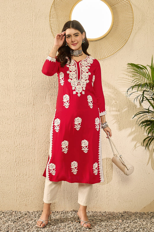 Red Viscose Rayon Solid Embroidered Chikankari Straight Kurta VCK9790