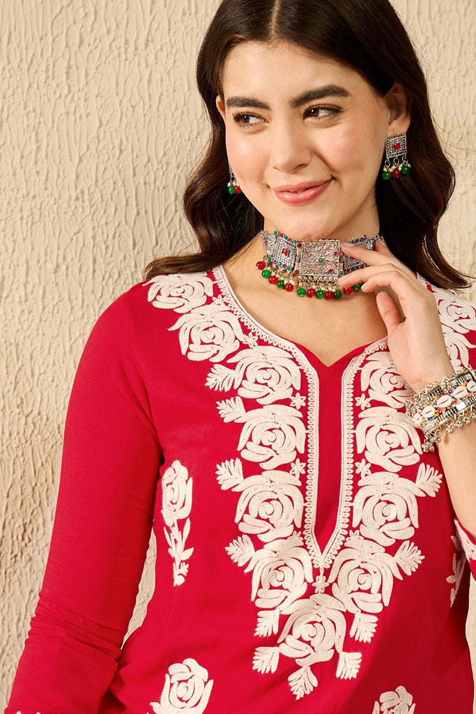 Red Viscose Rayon Solid Embroidered Chikankari Straight Kurta VCK9790