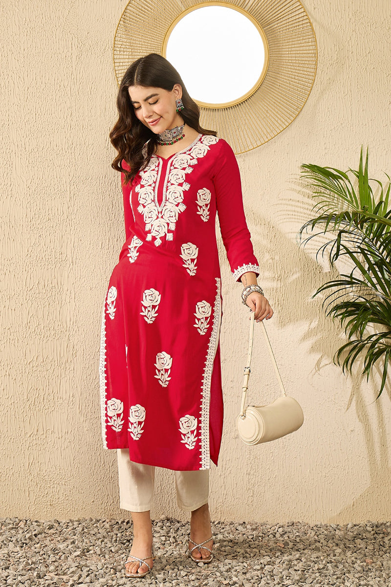 Red Viscose Rayon Solid Embroidered Chikankari Straight Kurta VCK9790
