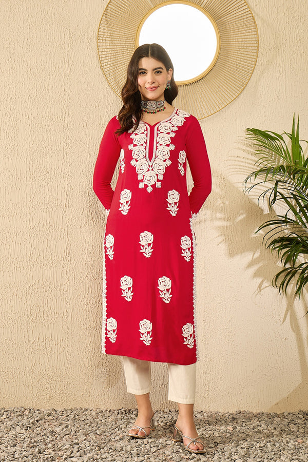 Red Viscose Rayon Solid Embroidered Chikankari Straight Kurta VCK9790