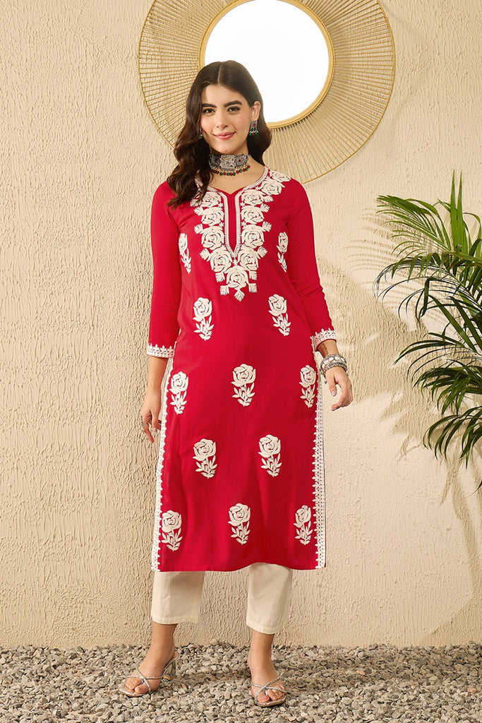 Red Viscose Rayon Solid Embroidered Chikankari Straight Kurta VCK9790