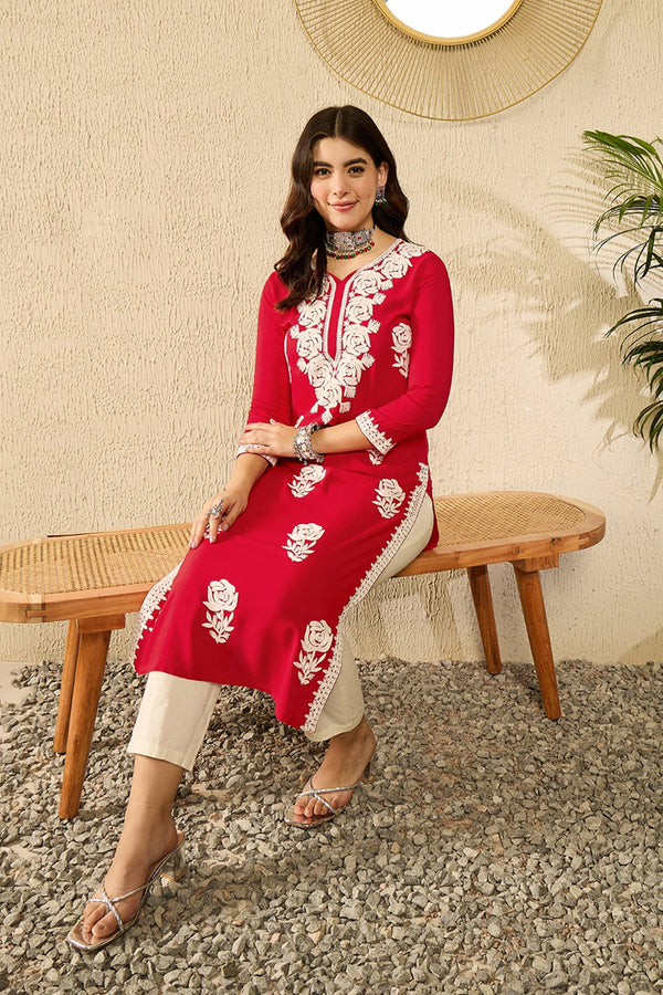 Red Viscose Rayon Solid Embroidered Chikankari Straight Kurta VCK9790