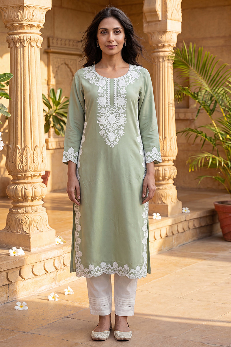 Green Viscose Rayon Solid Embroidered Regular Kurta VCK9798
