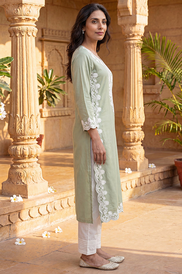 Green Viscose Rayon Solid Embroidered Regular Kurta VCK9798