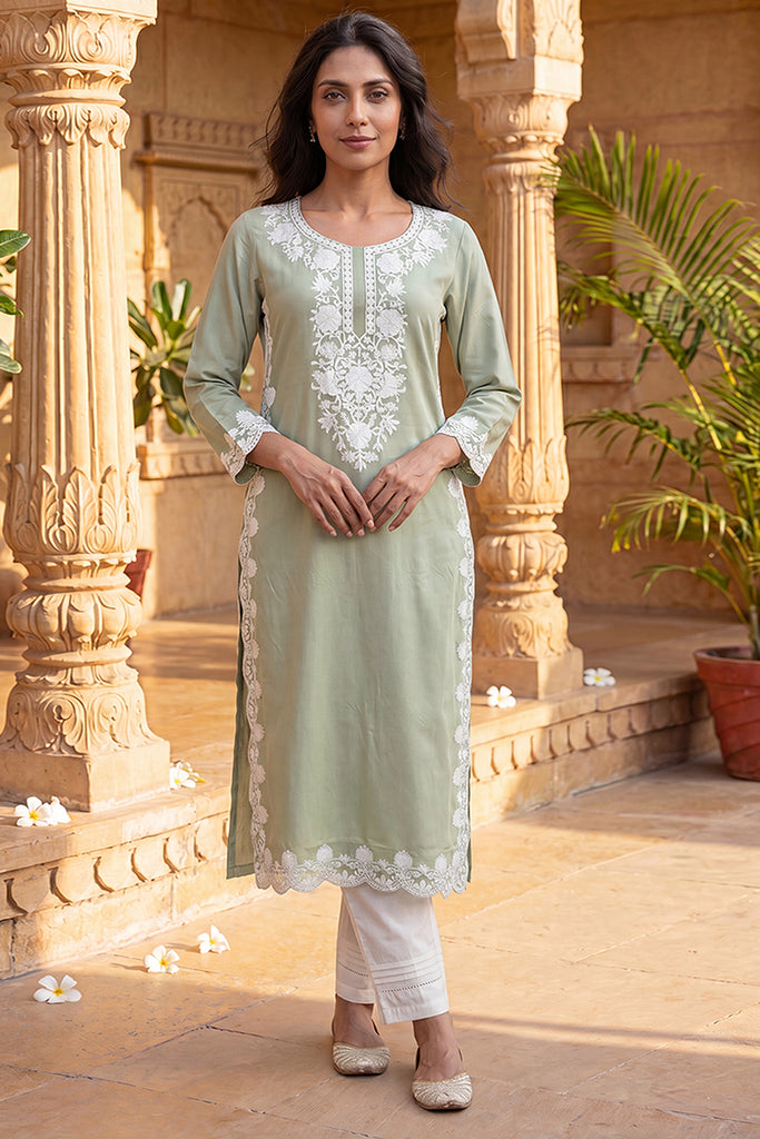Green Viscose Rayon Solid Embroidered Regular Kurta VCK9798