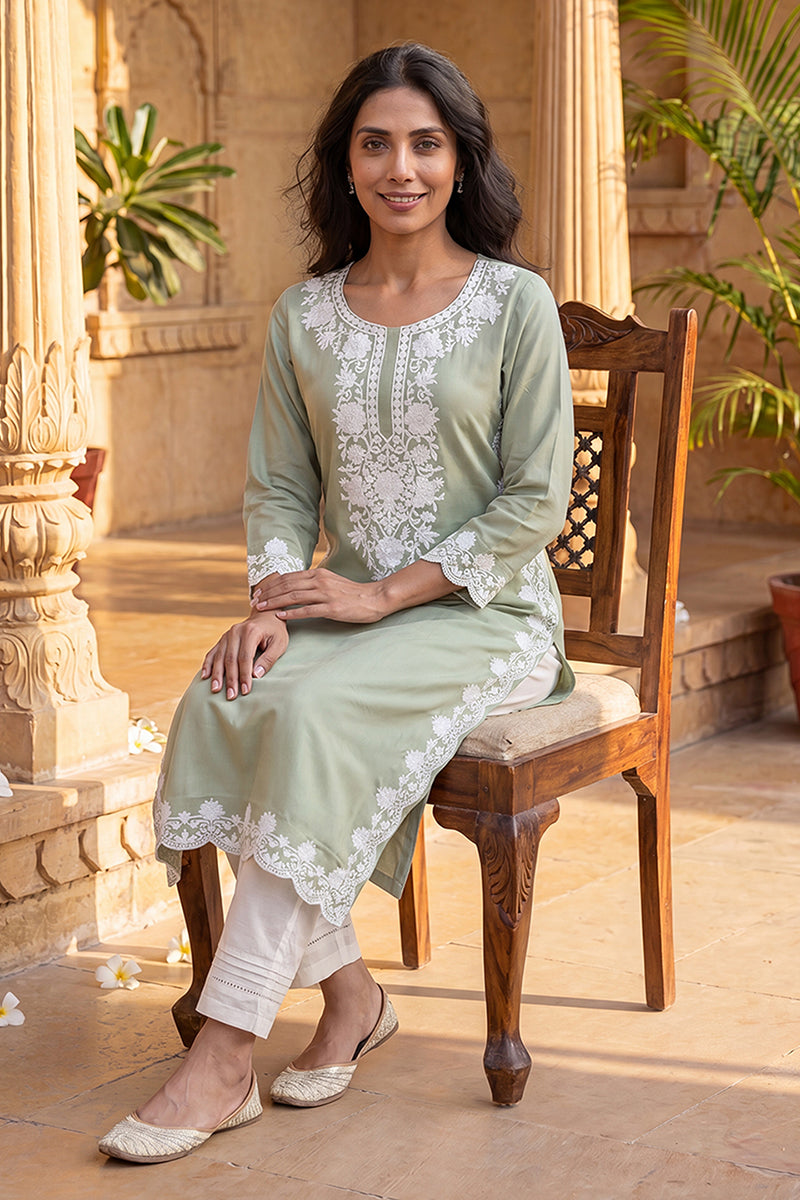 Green Viscose Rayon Solid Embroidered Regular Kurta VCK9798