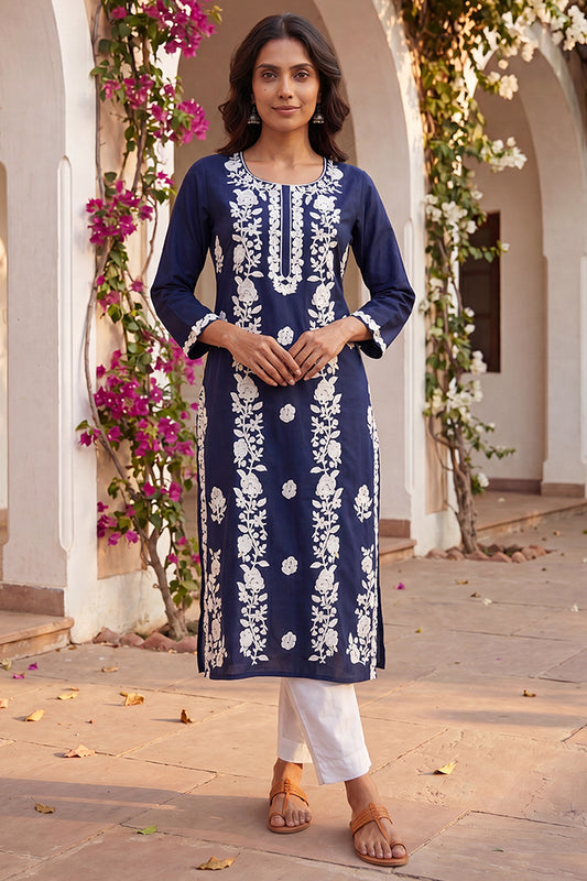 Turquoise Blue Viscose Rayon Solid Embroidered Regular Kurta VCK9799