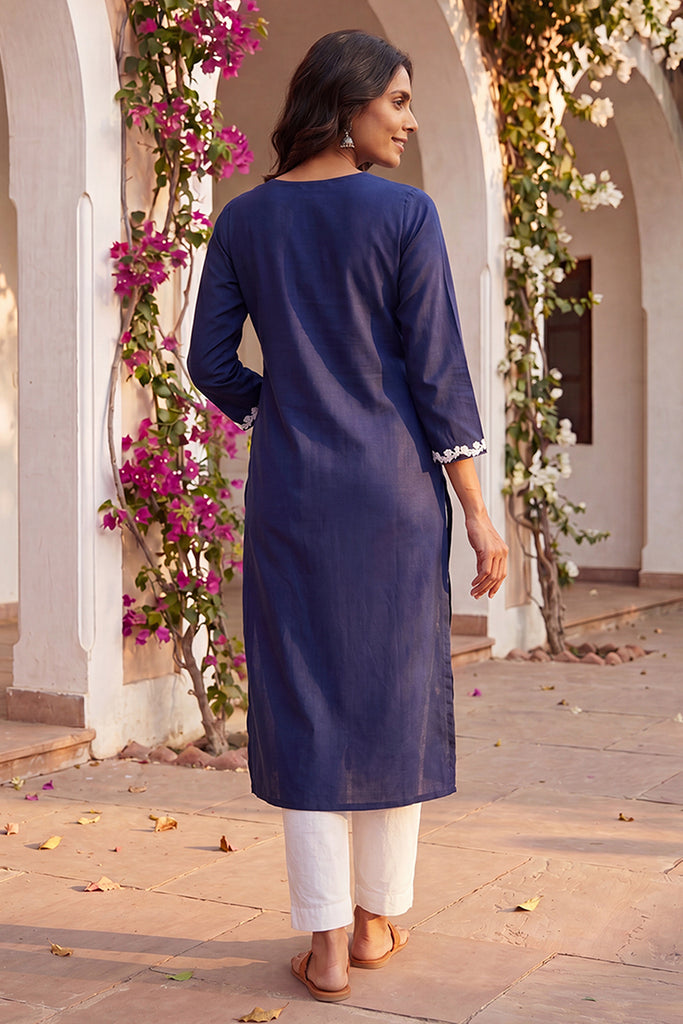 Turquoise Blue Viscose Rayon Solid Embroidered Regular Kurta VCK9799