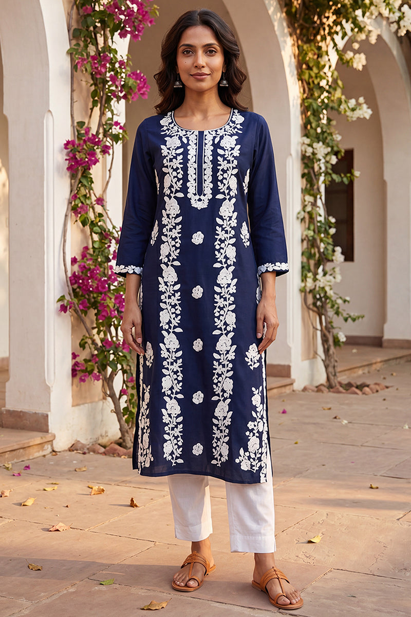 Turquoise Blue Viscose Rayon Solid Embroidered Regular Kurta VCK9799