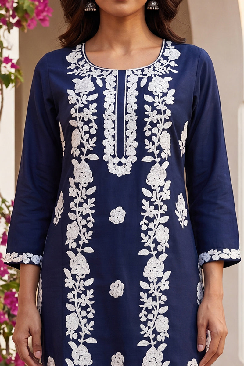 Turquoise Blue Viscose Rayon Solid Embroidered Regular Kurta VCK9799