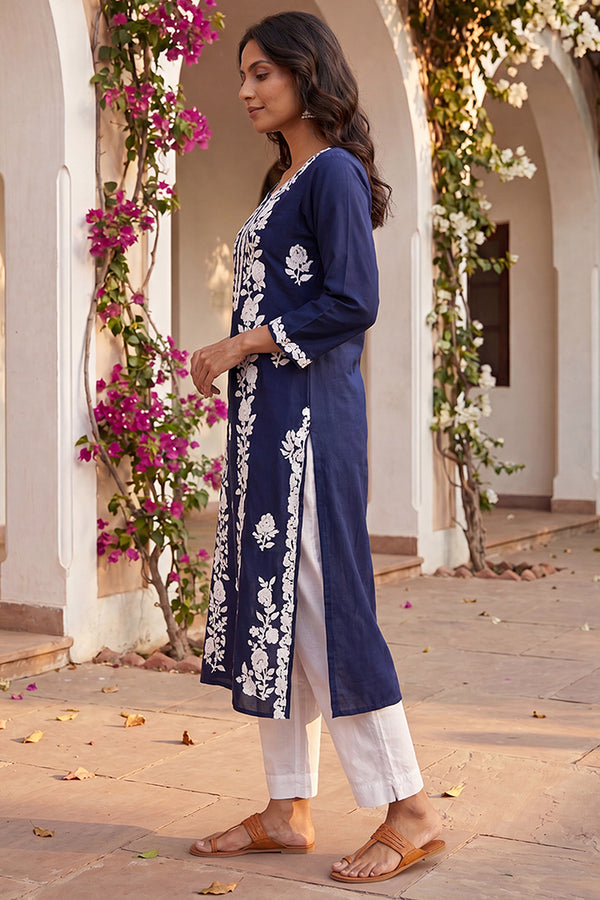 Turquoise Blue Viscose Rayon Solid Embroidered Regular Kurta VCK9799